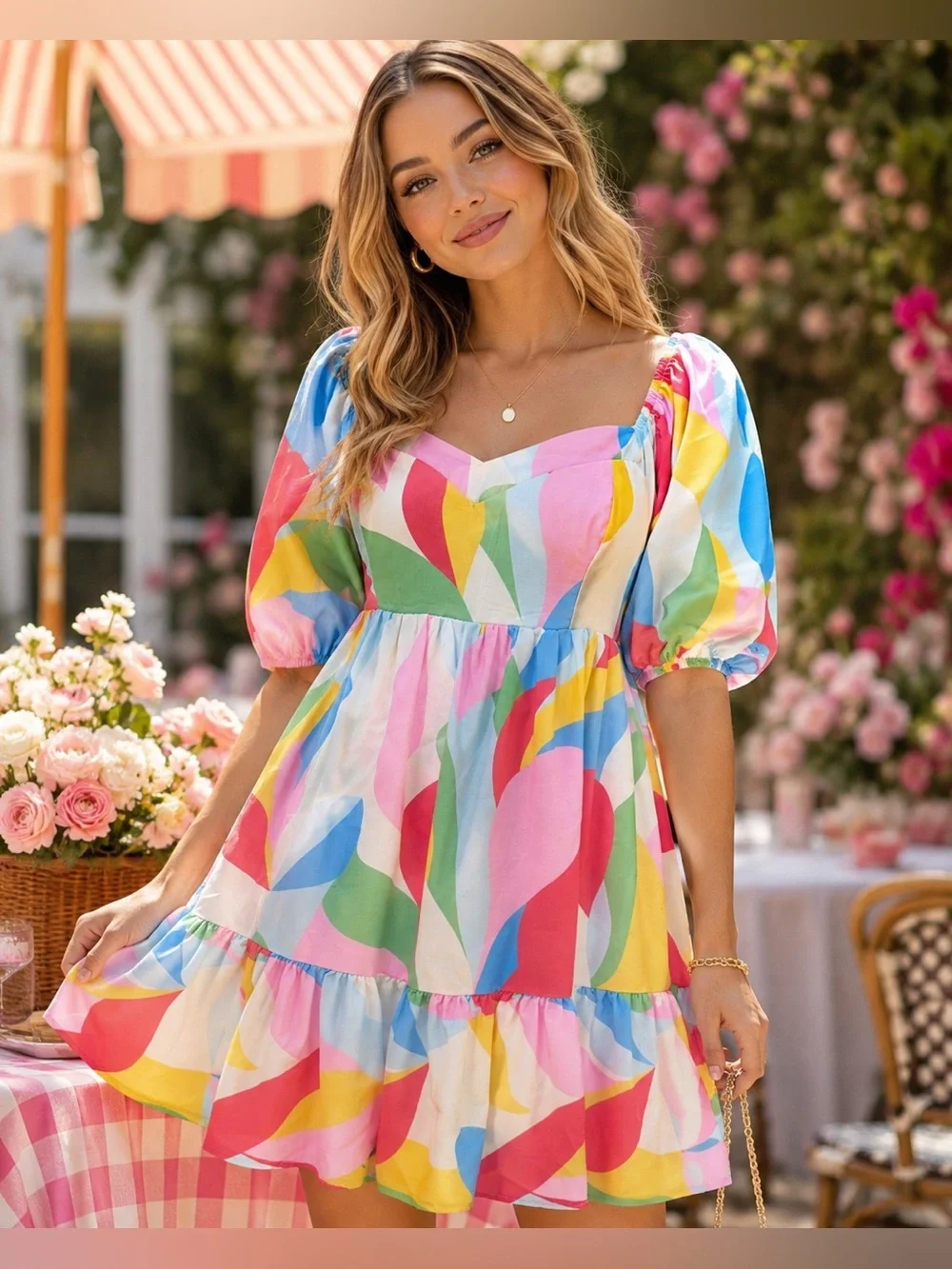 Vestique Small Colorful Abstract Puff Sleeve Smocked Midi Dress